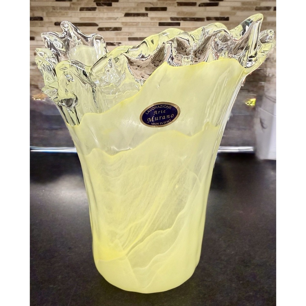 Vintage Murano Italy Art Glass Vase Yellow Swirl Freeform Ruffle Rim Labeled